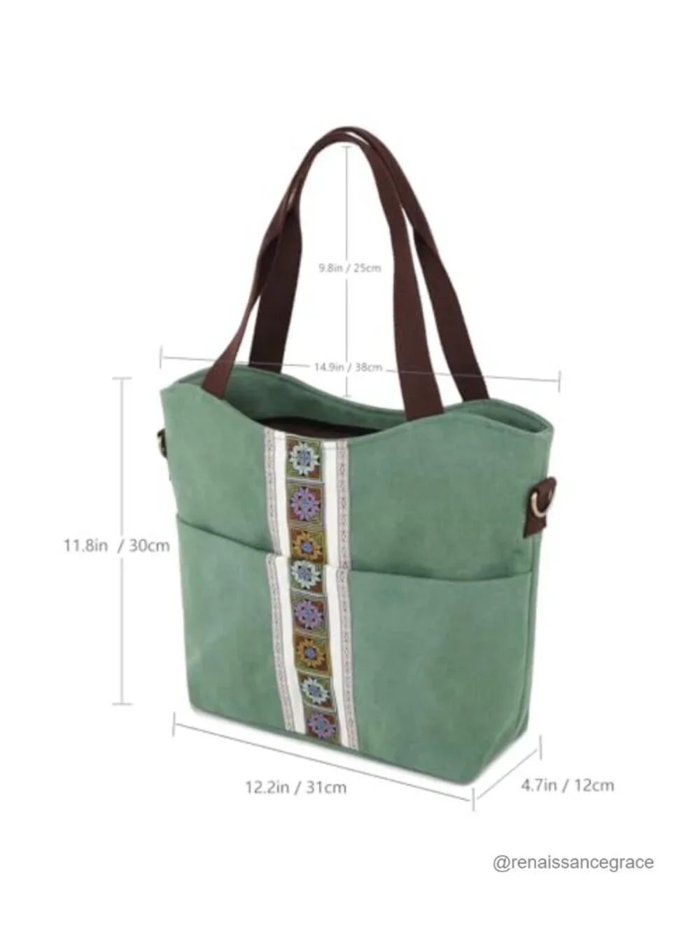 Embroidered Canvas Large Tote Bag with Crossbody Strap, Hobo Purse